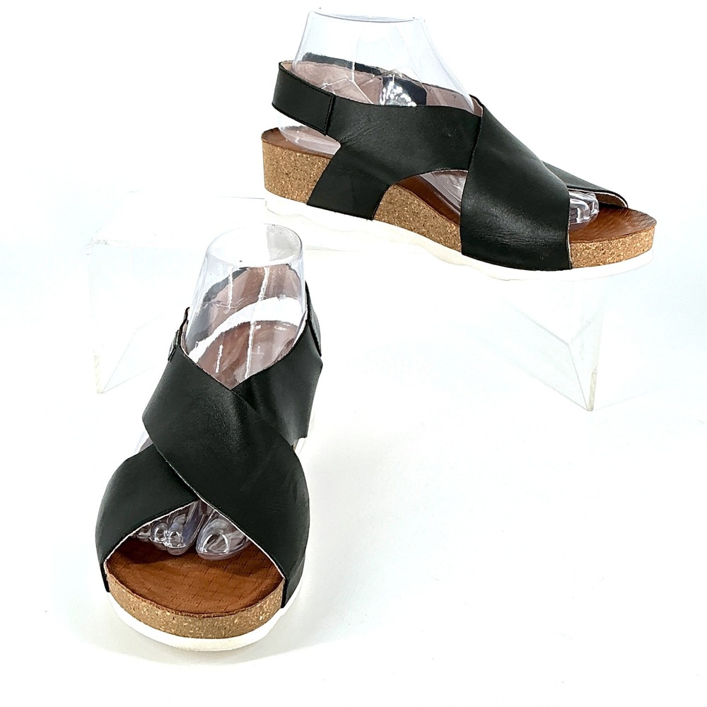 Pikolinos Black Size 9.5 Leather Crisscross Wedge Slingback Sandals Mahon Spain - Picture 3 of 13